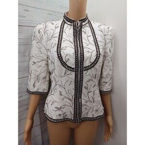 Nygard Collection Blazer Jacket Embroidery Zip Up Brown Ivory 3/4 Sleeve Sz 10